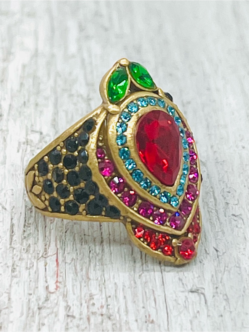 371. 1920s Revival Art Deco Antique Gold Tone Crystal Ring - Sz 8 Adjustable